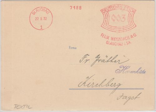 DR - Felix Weissbach AG 3 Pfg. AFS Drucksache Glauchau - Kirchberg 1932