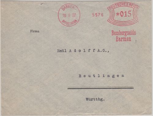 DR - Bembergseide Barmen 15 Pfg. AFS Brief Barmen-Rittershausen Reutlingen 1927