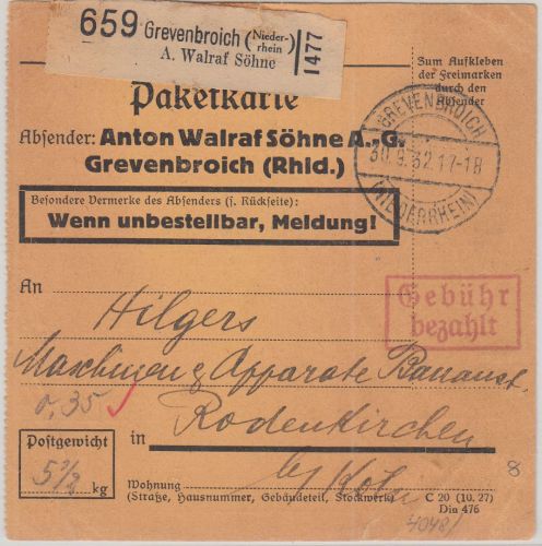 DR - A. Walraf Söhne Selbstbucher Paketkarte Gebühr bezhalt Grevenbroich 1932