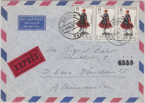 Spanien - 3x8 Pta. Tracht Valladolid Luftpost-Eilbrief Barcelona - München 1971