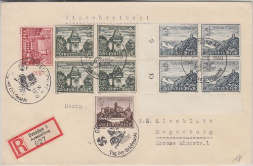 DR - Tag der Briefmarke SST Dresden 7.1.40 Einschreibebrief n. Magdeburg