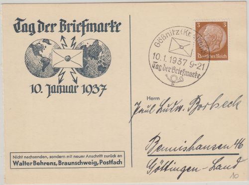 DR - Tag der Briefmarke SST Gößnitz (Kr. Altenb.) 10.1.37 Sonderkarte/Drucksache
