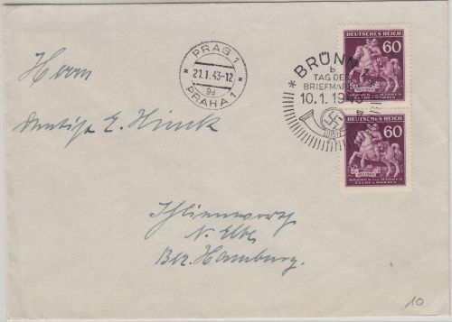 B&M - Tag der Briefmarke SST Brünn 10.1.43 Brief/FDC Prag - Hamburg
