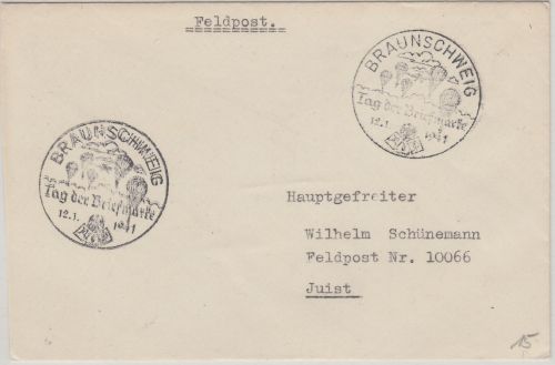 DR - Tag der Briefmarke SST Braunschweig 12.1.41 Feldpostbrief an Fp.Nr. 10066