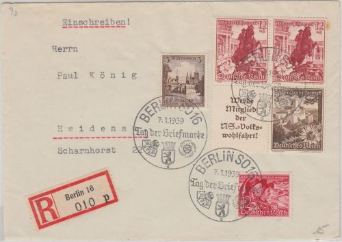DR - Tag der Briefmarke SST Berlin SO16 7.1.39 Einschreibebrief n. Heidenau