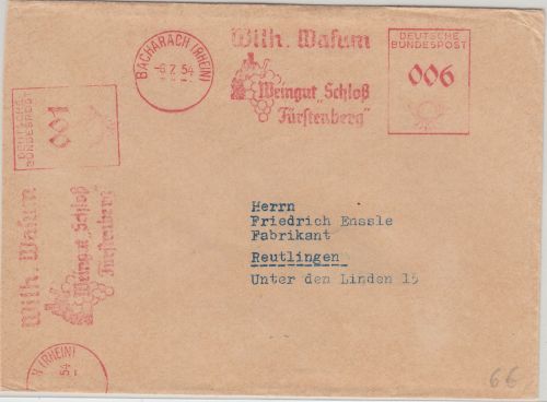 BRD - Weingut Schloss Fürstenberg 6+1 Pfg. AFS Drucksache Bacharach 1954