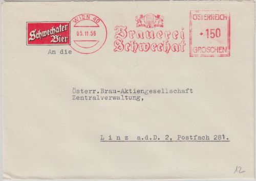 Österreich - Brauerei Schwechat 150 Gr. AFS Brief Wien 40 - Linz 1956