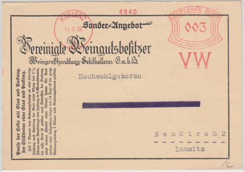 DR - Vereinigte Weingutbesitzer 3 Pfg. AFS Drucksachenkarte Koblenz 1928