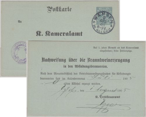 Württemberg - Branntweinerzeugung 2 Pfg. Ganzsache Wangen 1905