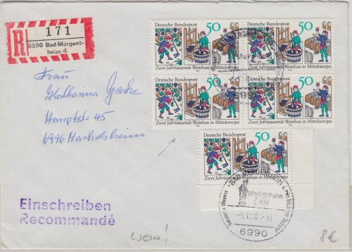 BRD - 5x50 Pfg. 2000 J. Weinbau Einschreibebrief/FDC Bad Mergentheim 9.10.80