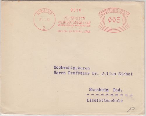 DR - Vereinigte Weingutbesitzer 5 Pfg. AFS Drucksache Koblenz - Mannheim 1930