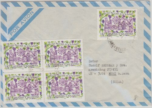 Argentinien - 5x0,10 A. Weinlesefest Luftpostbrief i.d. SCHWEIZ San Carlos 1986