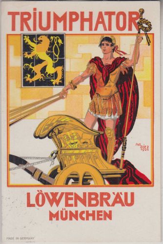 Bayern - Triumphator Löwenbräu München farb. Werbekarte gelaufen 1956
