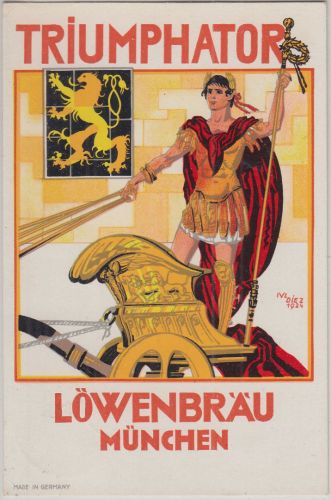 Bayern - Triumphator Löwenbräu München farb. Werbekarte gelaufen 1956