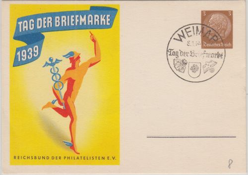 DR - Tag der Briefmarke 1939 3 Pfg. Sonderganzsache SST Weimar 8.1.39