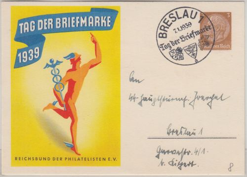DR - Tag der Briefmarke 1939 3 Pfg. Sonderganzsache SST Breslau 7.1.39