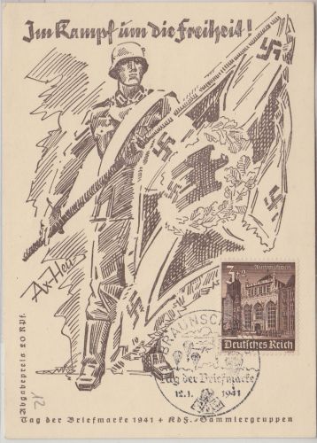 DR - Tag der Briefmarke 1941 Sonderkarte Soldat m Fahne SST Braunschweig 12.1.41