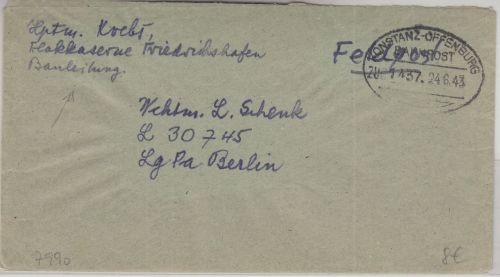 DR - Konstanz Offenburg Bahnpost Zug 1437 Feldpostbrief v. Friedrichhafen 1943