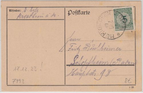 DR - Hemigkofen 17.DEZ 23 K1 5 Pfg. Korbdeckel Karte n. Schopfheim