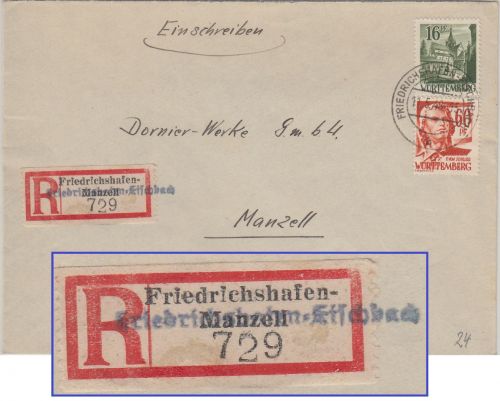 FZ/Württemberg - Friedrichshafen-Fischbach Einschreibebrief n. Manzell 1948