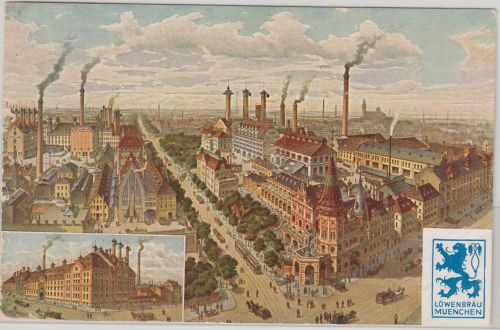 Bayern - München Löwenbräu Brauerei farb. Künstler-AK gelaufen 1926