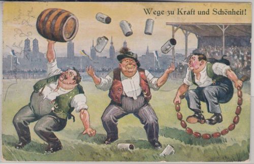 Bayern - München "Wege zu Kraft und Schönheit!" farb. Humor-AK gelaufen 1936