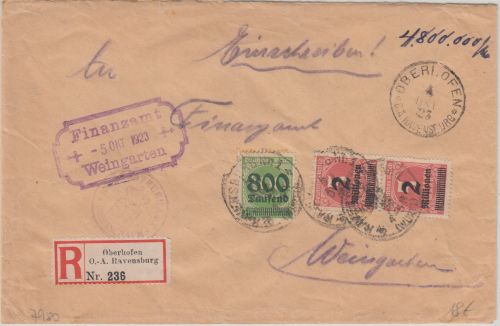 DR-Infla - 2x2/5 Mrd. Ziffer/Überdruck u.a. Einschreibebrief Oberhofen 4.10.23