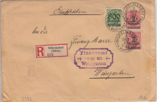 DR-Infla - 2x2/5 Mrd. Ziffer/Überdruck ua. Einschreibebrief Wilhelmsdorf 8.10.23