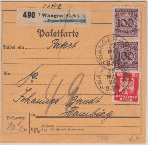 DR - 2x100 Pfg. Korbdeckel u.a. Paketkarte Wangen (Allgäu) - Hamburg 1924