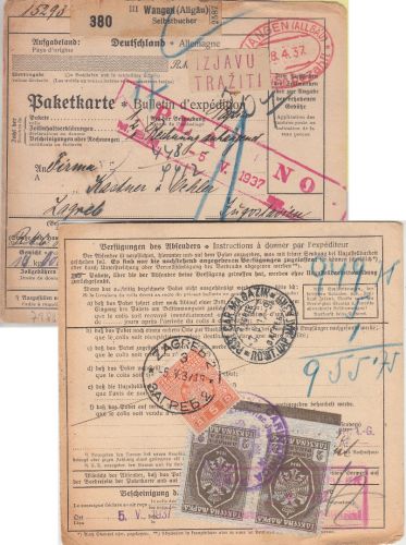 DR - Wangen (Allgäu) Gebühr bezahlt Selbstbucher Paketkarte n. JUGOSLAWIEN 1937