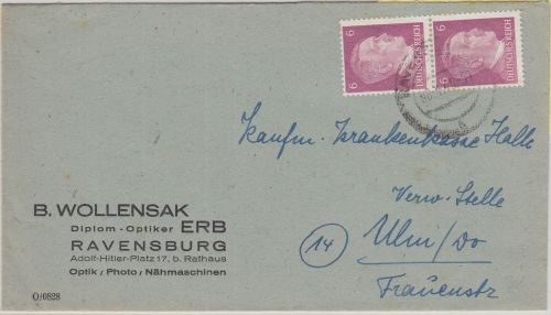 DR - Ravensburg 6. April 1945 2x6 Pfg. AH Brief n. Ulm