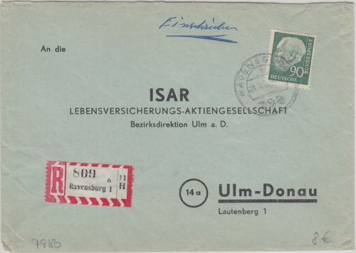 BRD - 90 Pfg. Heuss II Einschreibebrief Ravensburg - Ulm 1962