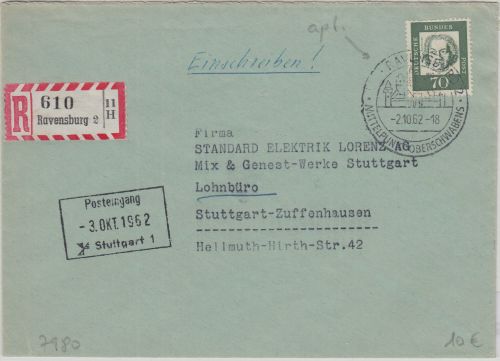 BRD - Ravensburg 2 apt. Handwerbestpl. Einschreibebrief n. Stuttgart 1962