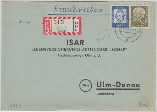BRD - Eglofs apt. Tagesstempel Einschreibebrief n. Ulm 1962