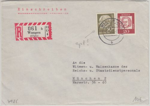 BRD - Wangen apt. Tagesstempel Einschreibebrief n. München 1962
