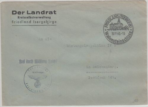 DR - Friedland (iserbeg.) Wallensteinschloss 1943 Handwerbestpl. Dienstbrief