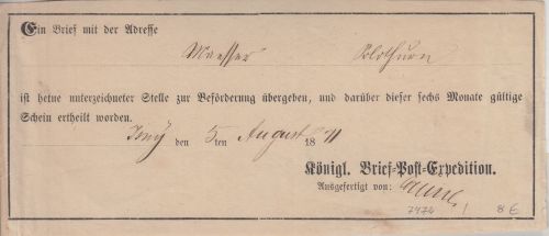 Württemberg - Isny 1871 Königl. Brief-Post-Expedition Aufgabeschein