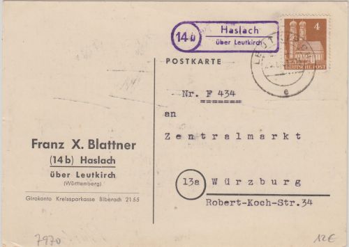 Bizone - (14b) Haslach ü. Leutkirch Landpost-Ra2 Drucksache n. Würzburg