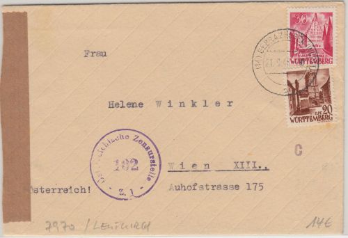 FZ/Württemberg 30+20 Pfg. Freimarken Zensurbrief n. ÖSTERREICH Gebratzhofen 1948