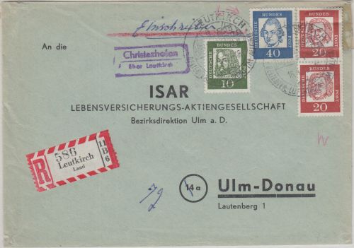 BRD - Christazhofen ü. Leutkirch apt. Landpost-Ra2 Einschreibebrief n. Ulm 1962