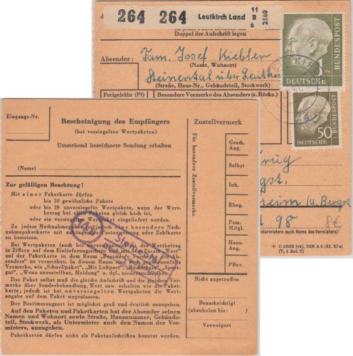 BRD - (14b) Steinental ü. Leutkirch Landpost-Ra2 Paketkarte n. Weinheim 1961