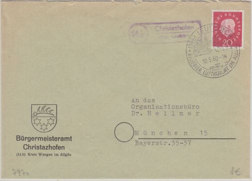 BRD - (14b) Christazhofen ü. Leutkirch Landpost-Ra2 Brief n. München 1960