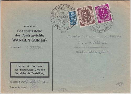 BRD - 60+5 Pfg. Posthorn Orts-Zustellurkunde Handwerbestempel Isny 1953