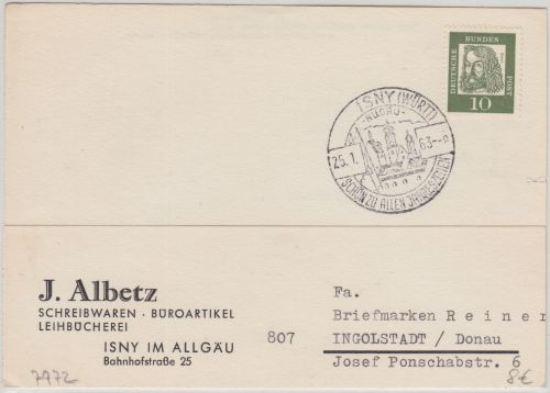 BRD - Isny 1963 aptierter Handwerbestempel Karte n. Ingolstadt