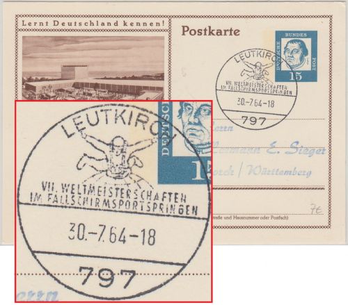 BRD - Leutkirch 1964 VII. WM Fallschirm-Sportspringen 15 Pfg. Ganzsache
