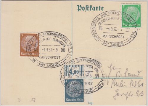 DR - Dresden Hof Nürnberg Marschpost Reichsparteitag 1937 SST Karte n. Berlin
