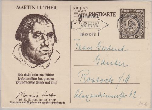 DR - Nimm die WHW Marke ! Masch.werbestpl. 6 Pfg. WHW-Ganzsache Hannover 1940