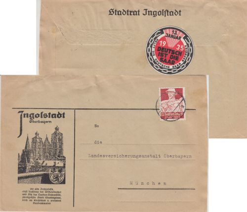 DR - Deutsch ist die Saar 13. Jan 1935 Propagandavignette Brief Ingolstadt 1934