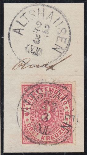 Württemberg - Altshausen 22/3 K1 3 Kr. Ziffer/Oval Pracht-Briefstück