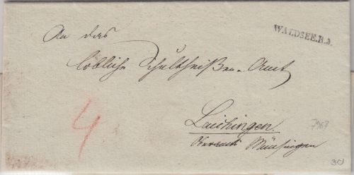 Württemberg - Waldsee R3 klarer L1 Portobrief n. Laichingen 1837 mit Inhalt